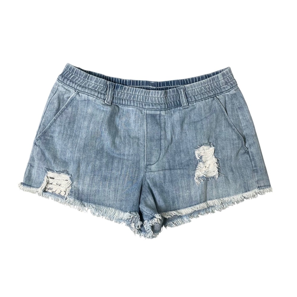 Aerie Denim Shorts Womens Small Blue High Rise Distressed Frayed‎ Hem Pull On
